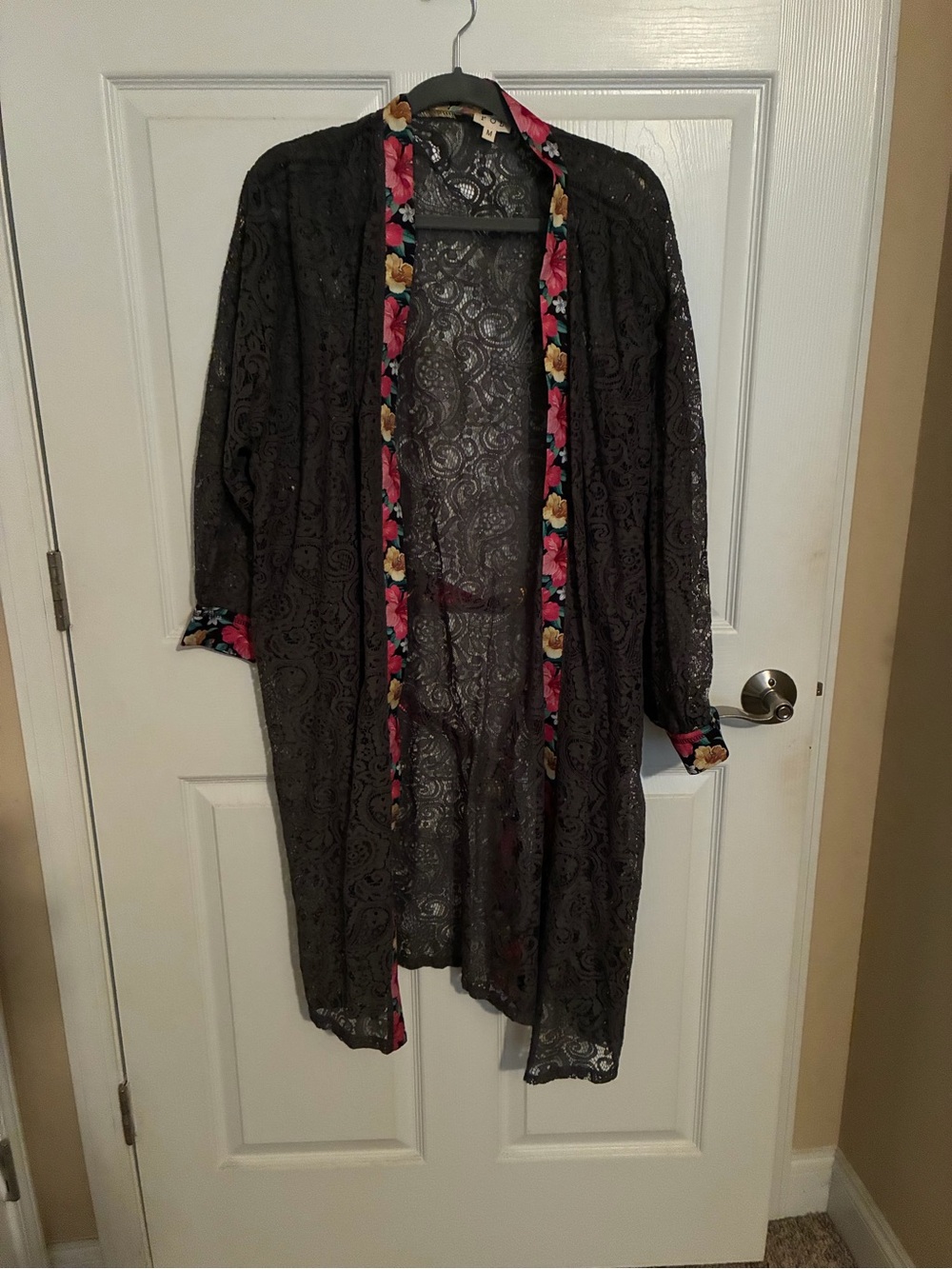 Black Lace Kimono with Floral Trim